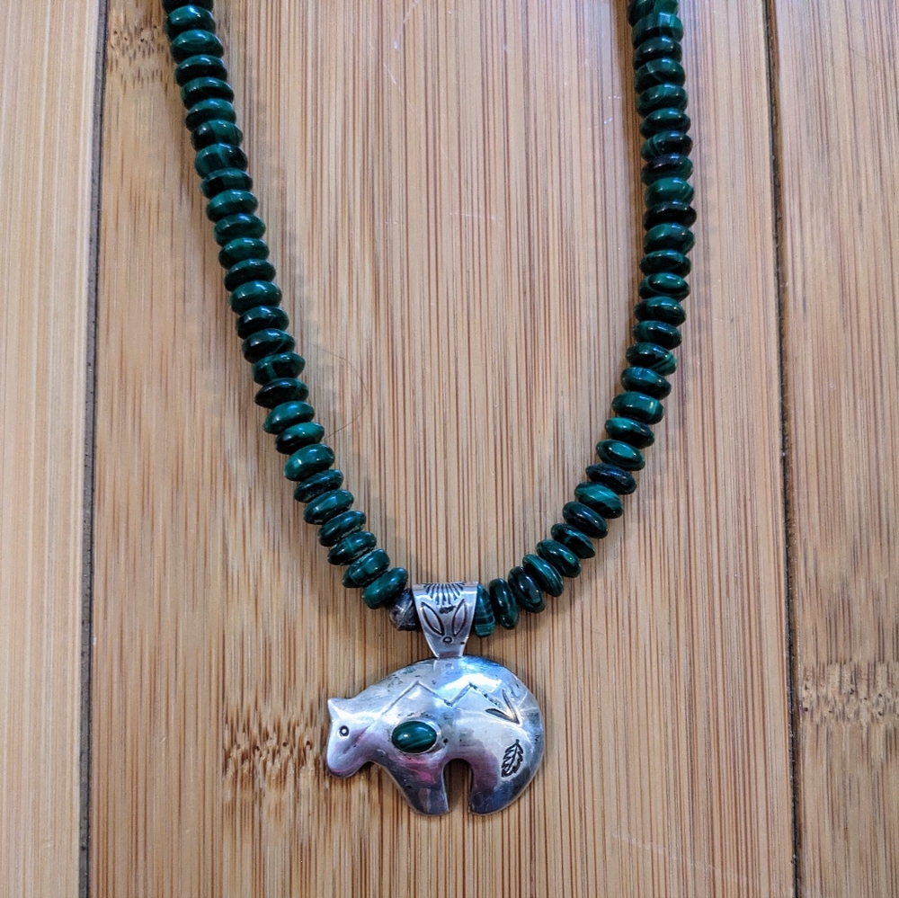 Malachite and Sterling Silver Navajo Necklace